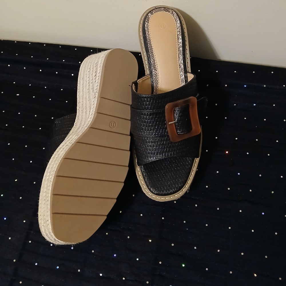 New Textured Black Wedge Heel Slide Mules with Tortoiseshell Buckle
